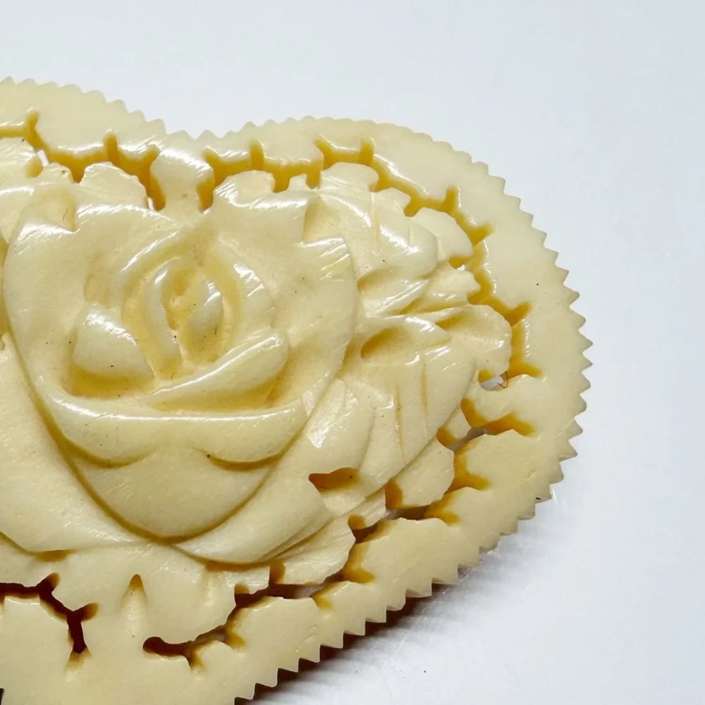 Vintage Celluloid Carved Floral Rose Heart Brooch